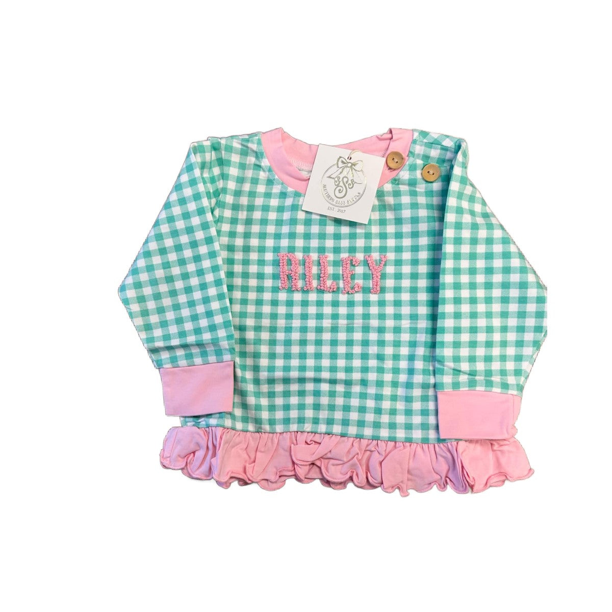 12M "RILEY" FRENCH KNOT MINT/PINK PULLOVER