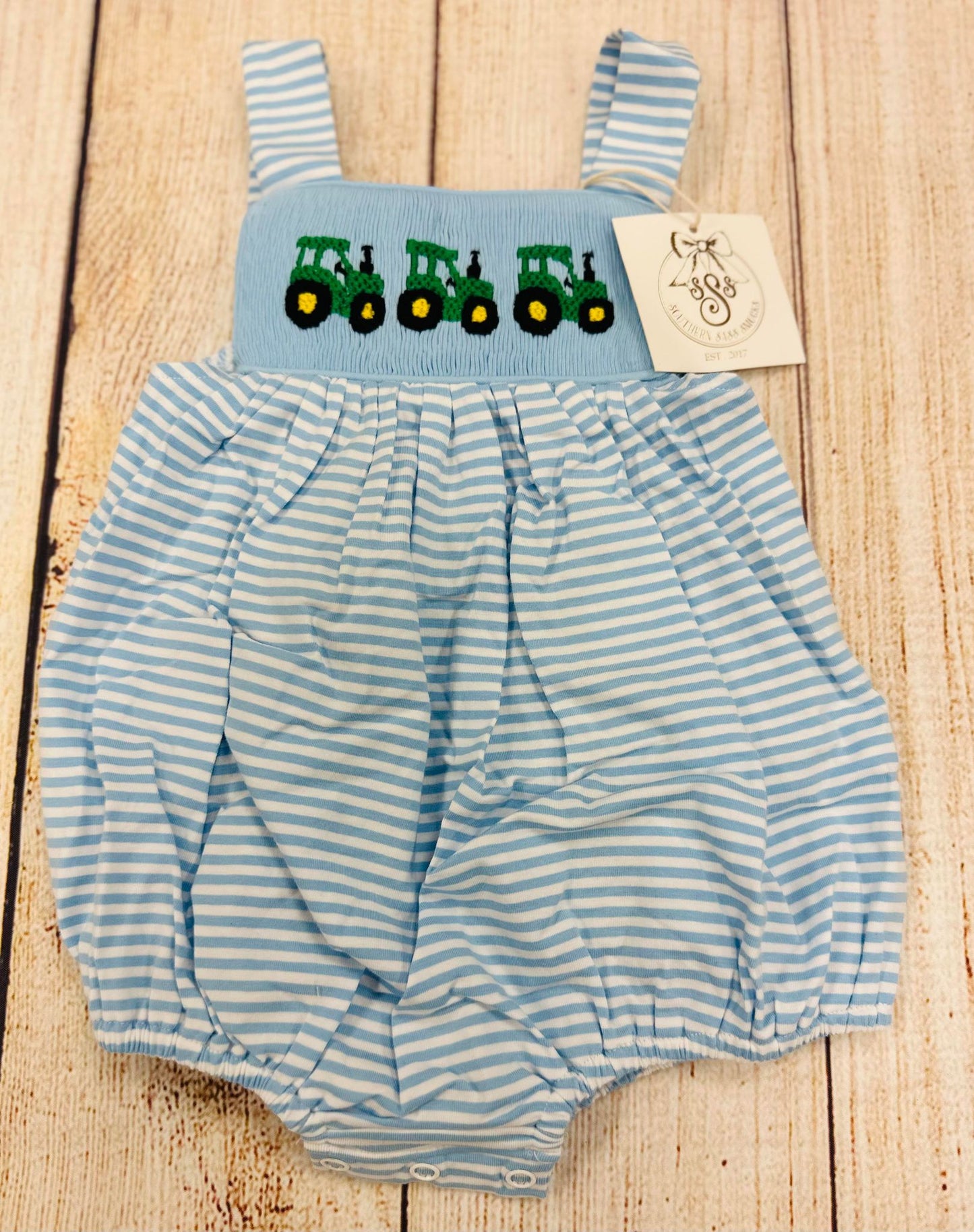 3T LIGHT BLUE TRACTOR SMOCKED BUBBLE