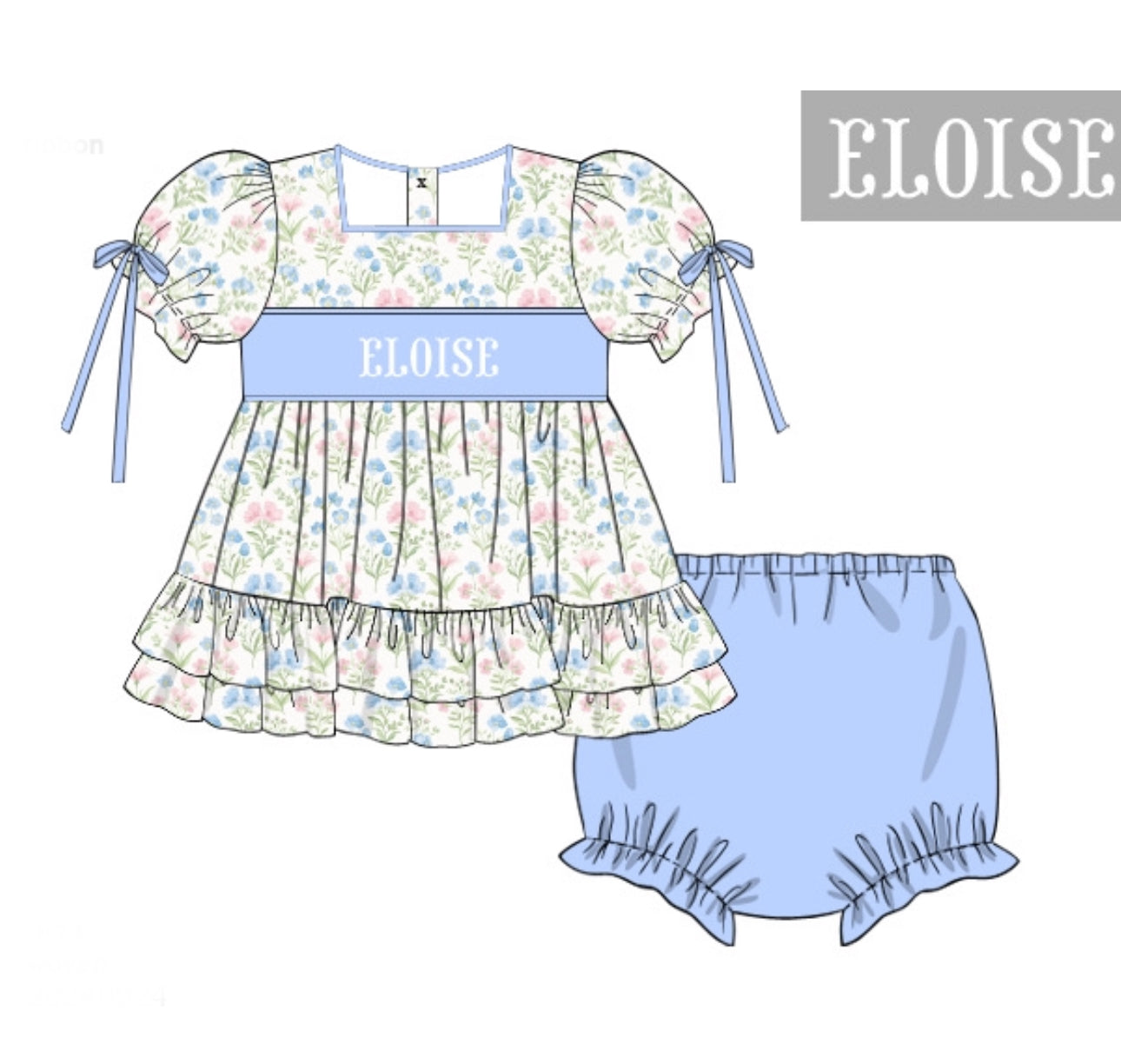 PO 103.5 Spring Floral Name Smocks Bloomer Set