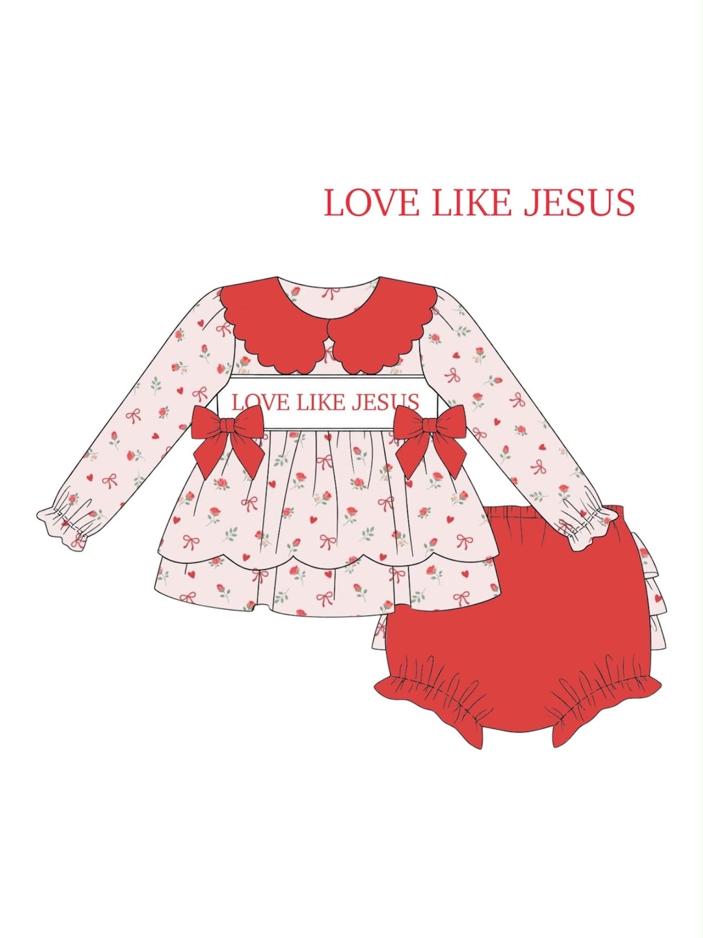 PO 108.5 Love Like Jesus Name Smocks Bloomer Set 5t+ DRESS LENGTH
