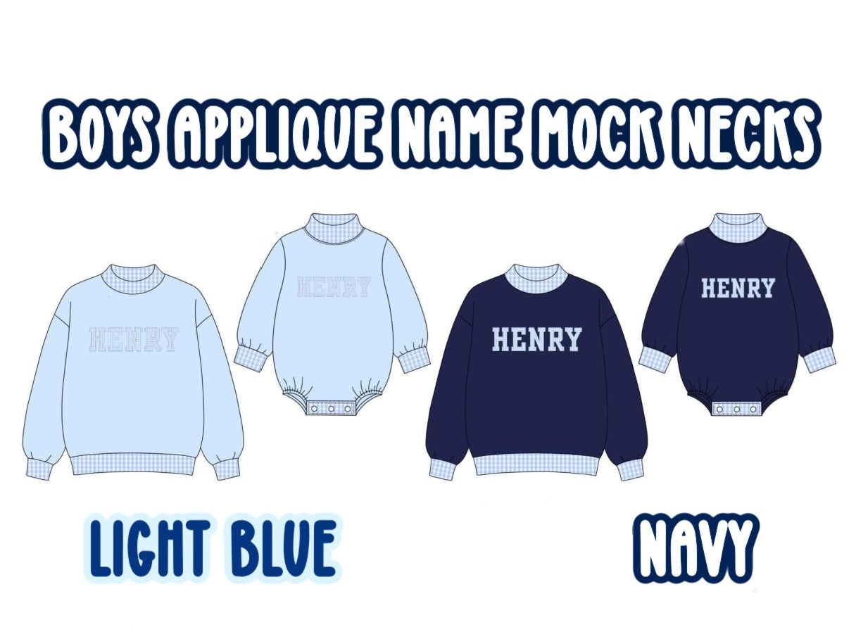 BOYS APPLIQUE NAME MOCK NECKS.