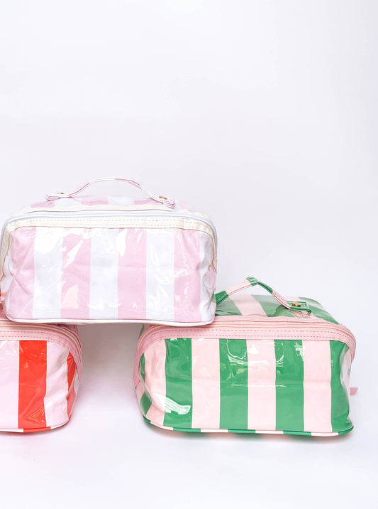 PINK/WHITE- Stripe Wipeable Cosmetic Toiletry Bag