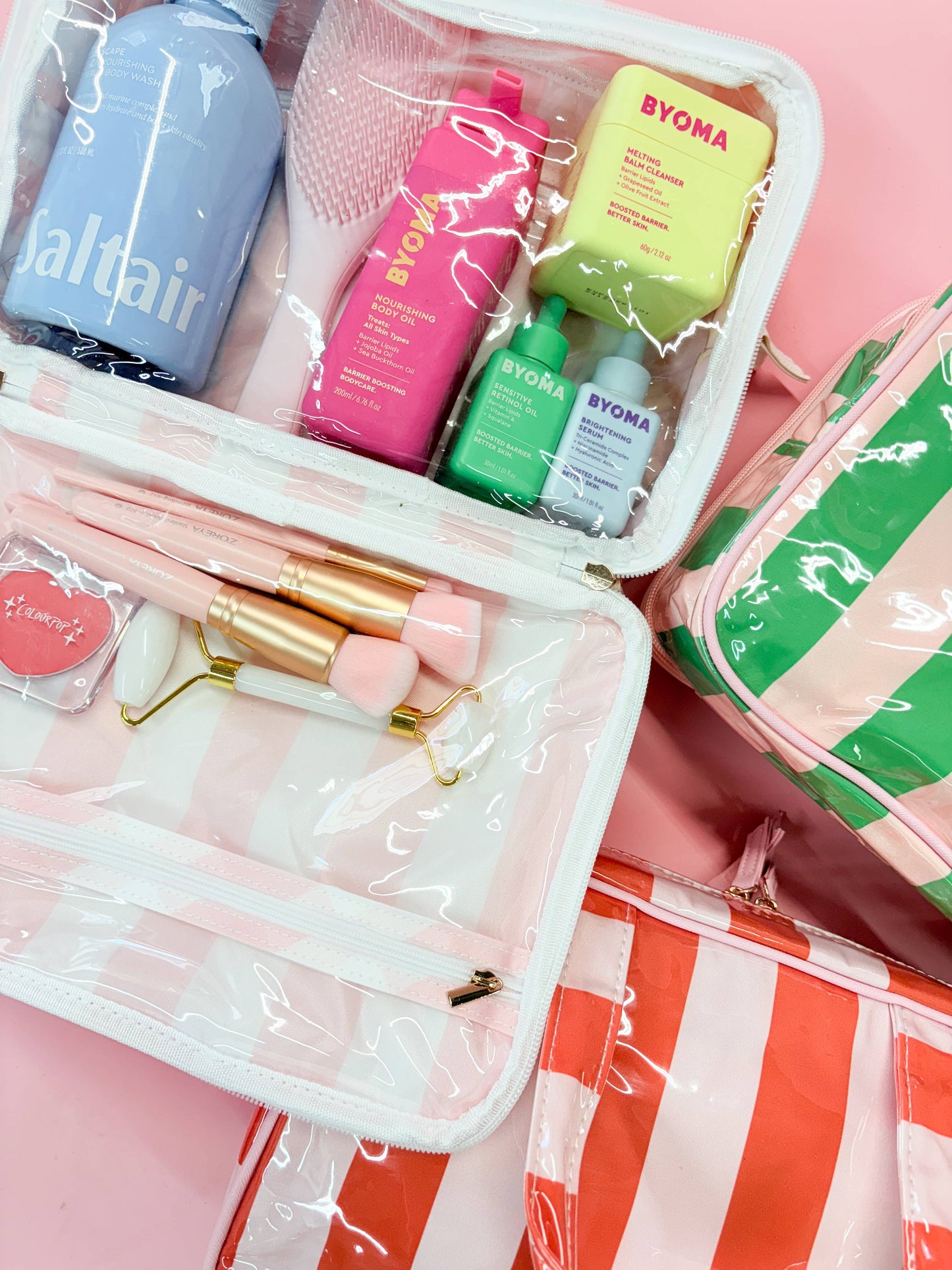 PINK/WHITE-Stripe Wipeable Travel Cosmetic Case
