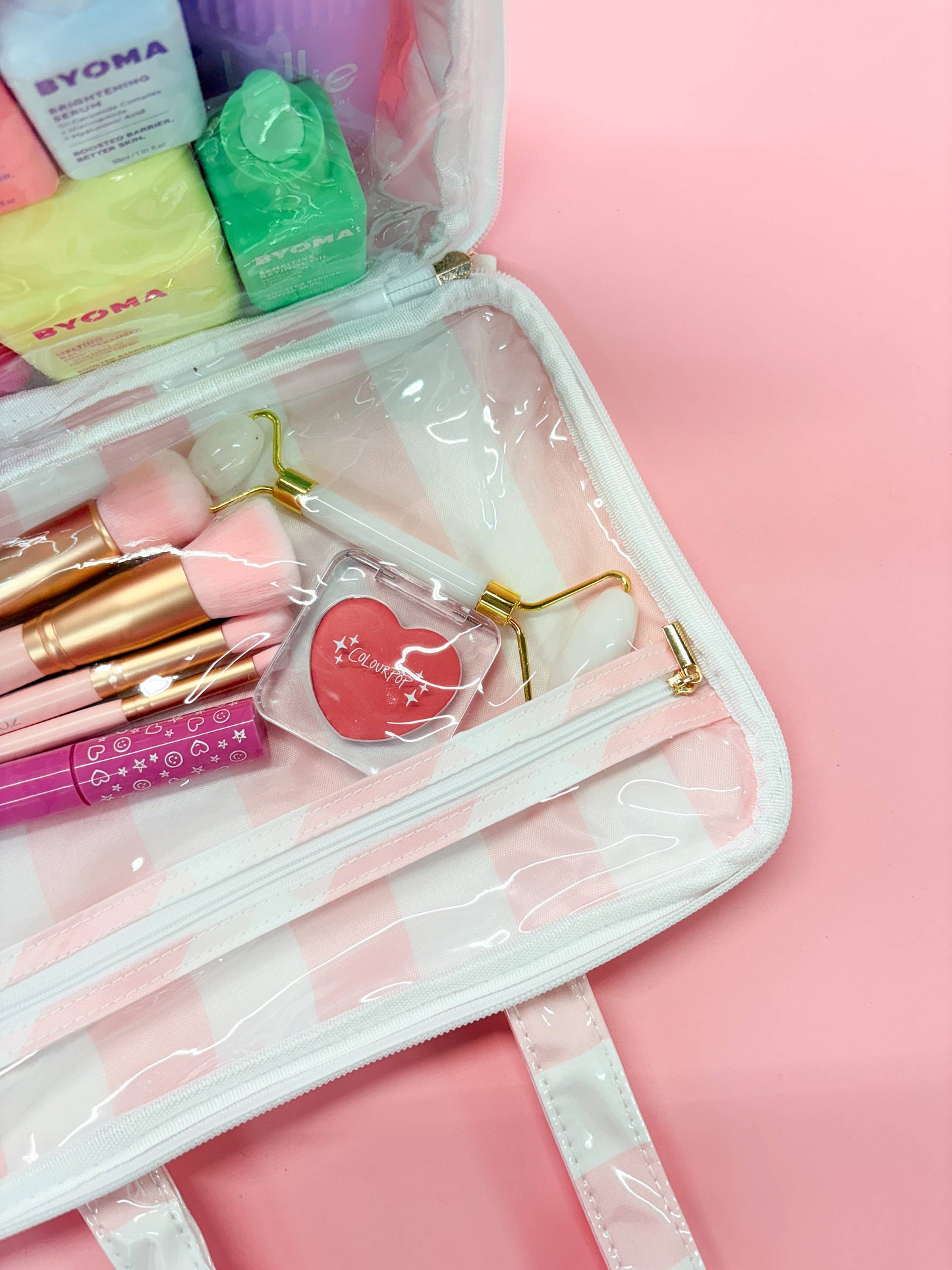 PINK/WHITE-Stripe Wipeable Travel Cosmetic Case