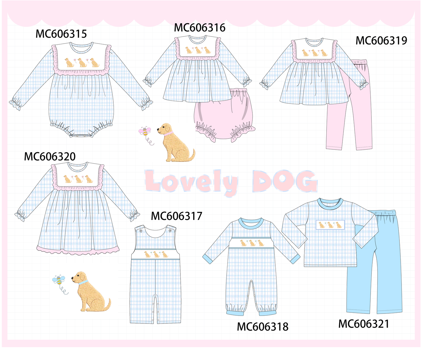 PO95 Blue puppy embroidery plaid collection
