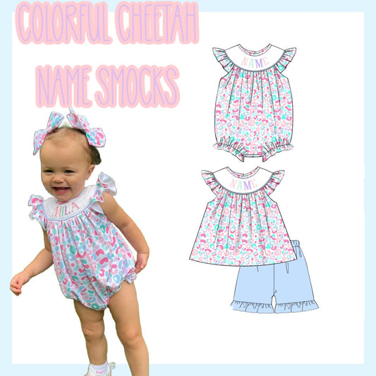 PO 105 COLORFUL CHEETAH NAME SMOCKS