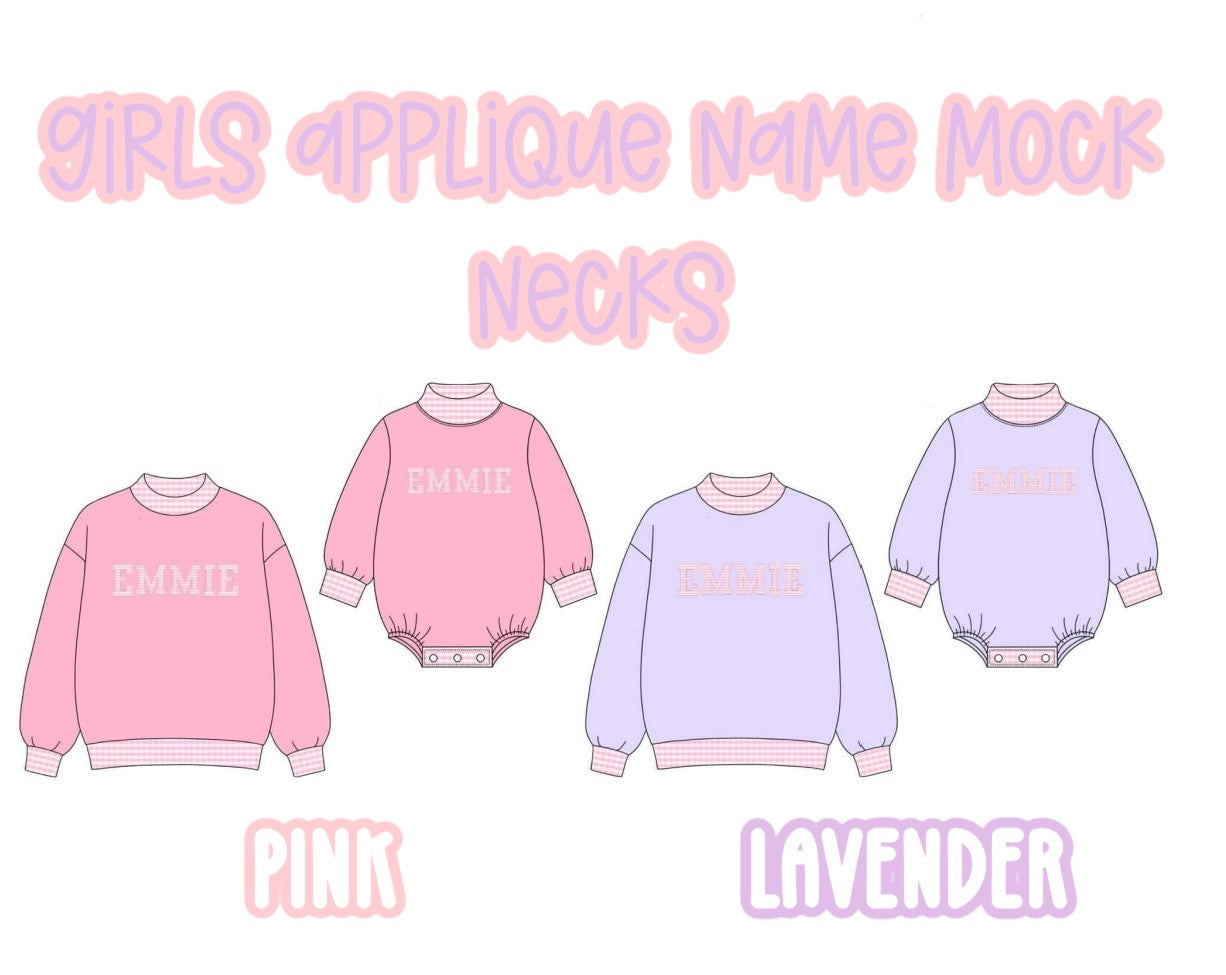 GIRLS APPLIQUE NAME MOCK NECKS.