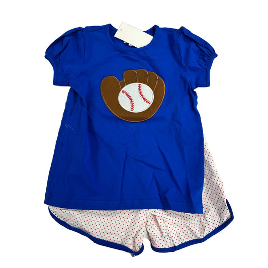 6T GIRLS ROYAL/RED BASEBALL APPLIQUE SHORT SET