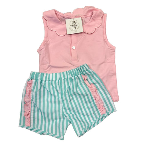 8T GIRLS PINK/MINT STRIPE SHORT SET