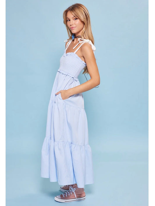 MEDIUM LIGHT BLUE SMOCK RIBBON SHOULDER MAXI DRESS