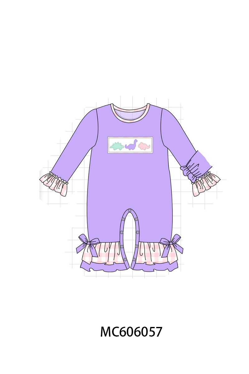 PO95 Purple&mustard dinosaur applique gingham collection
