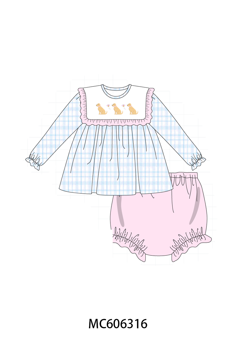 PO95 Blue puppy embroidery plaid collection