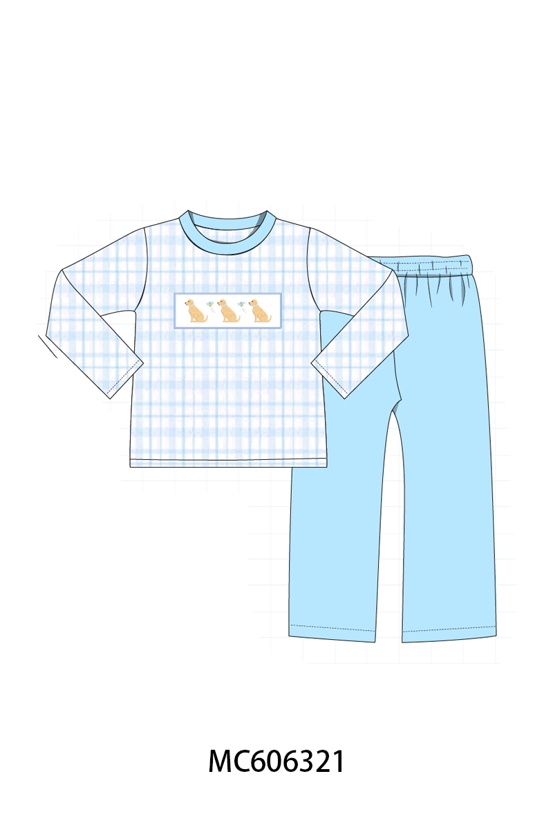 PO95 Blue puppy embroidery plaid collection