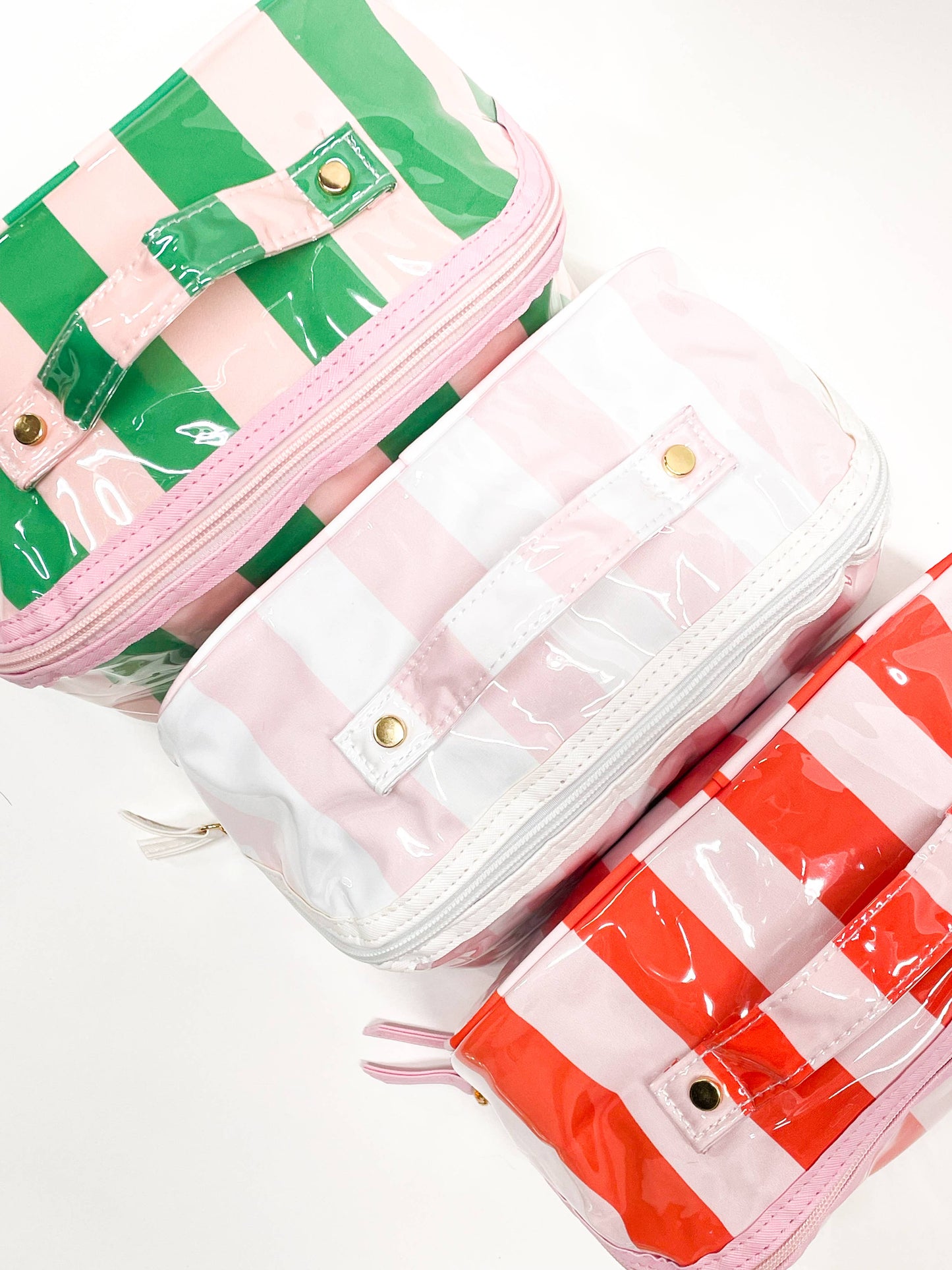 PINK/WHITE- Stripe Wipeable Cosmetic Toiletry Bag