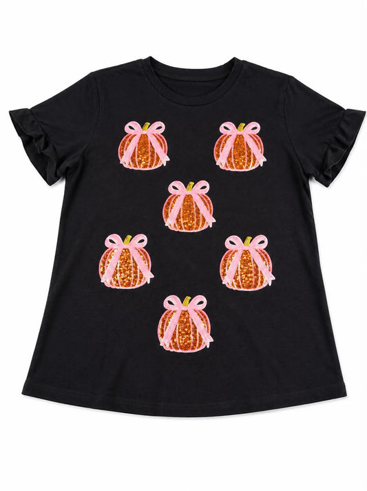 SMALL LADIES PUMPKIN/BOW SEQUIN SHIRT