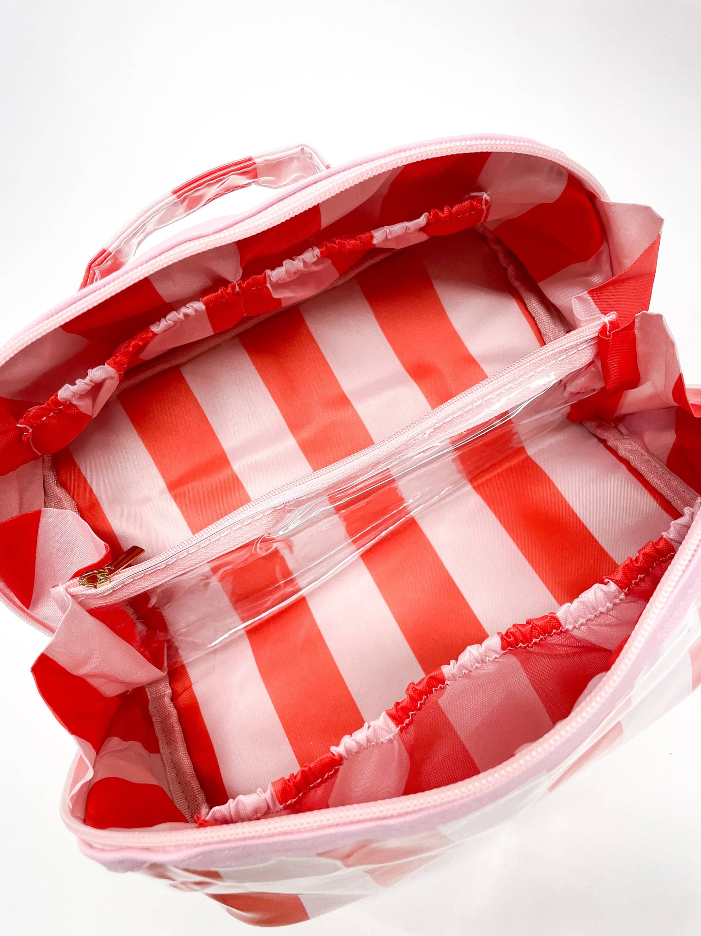 PINK/WHITE- Stripe Wipeable Cosmetic Toiletry Bag